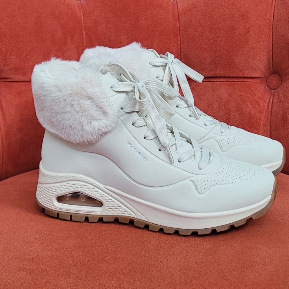 Skechers White Faux-Fur Platform Ankle Sneakers for Women